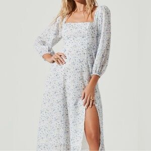 ASTR the Label Audette Ditsy Floral Print Square Neck 3/4 Puff Sleeve Midi Dress